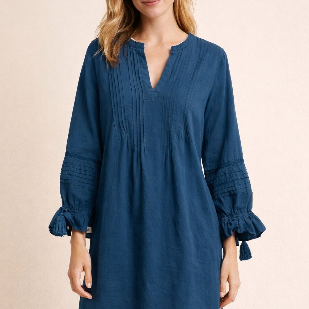 Roller Rabbit V-Neck Teal Ora Pintuck Cotton Dress Size M